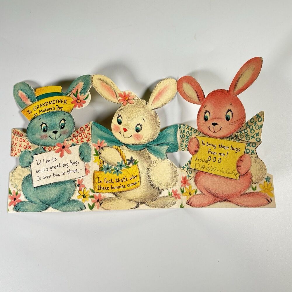 Vintage Hallmark Die Cut Mother’s Day Card Anthropomorphic Bunnies Wall decor